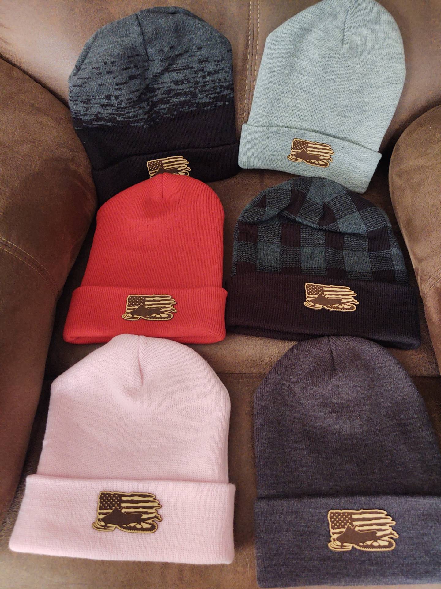 Winter Beanie hats featuring American flag & Snowmobile - Hutch Leather  Works